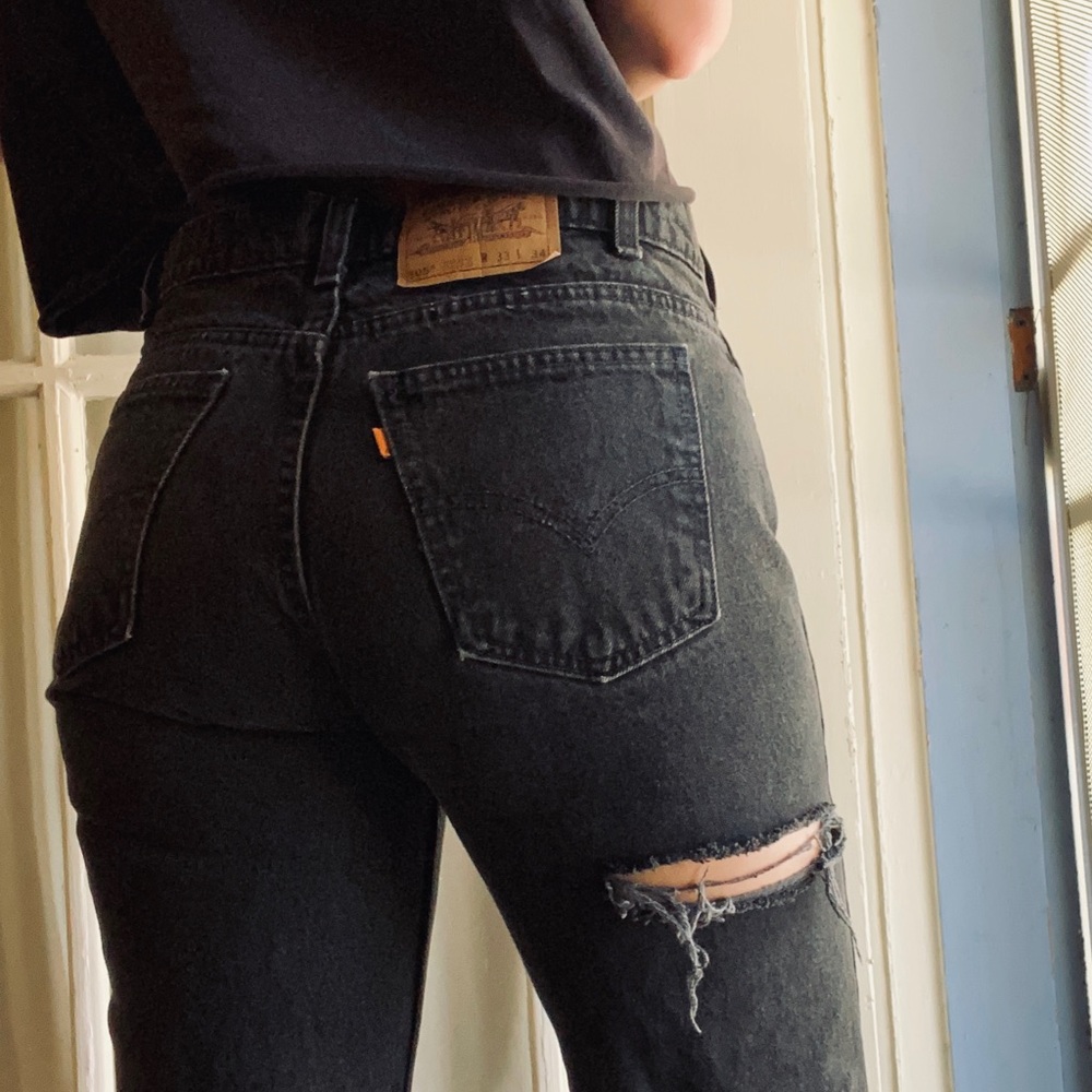 Levi’s 505 Orange Tab Straight Black Ripped Jeans